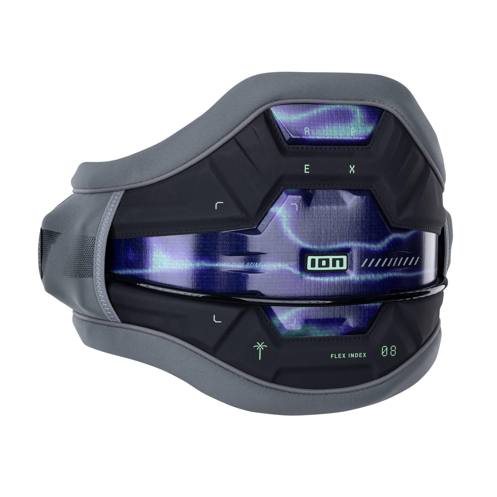 ION Apex waist harness in dark charcoal and violet with Ergo Pad lumbar support and Spectre Bar 2