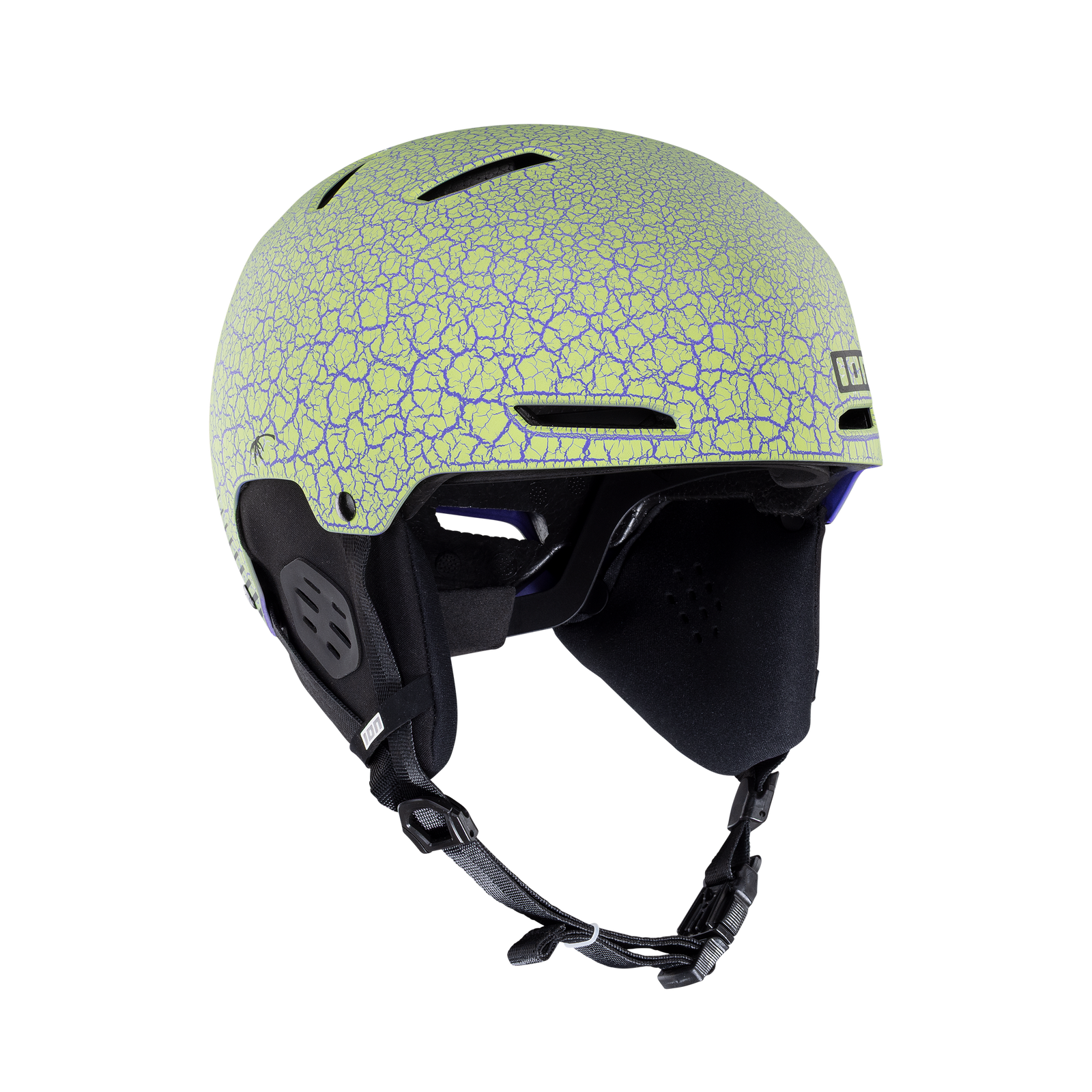 ION Slash Amp helmet in lime green and black with crackle print, three-quarter view