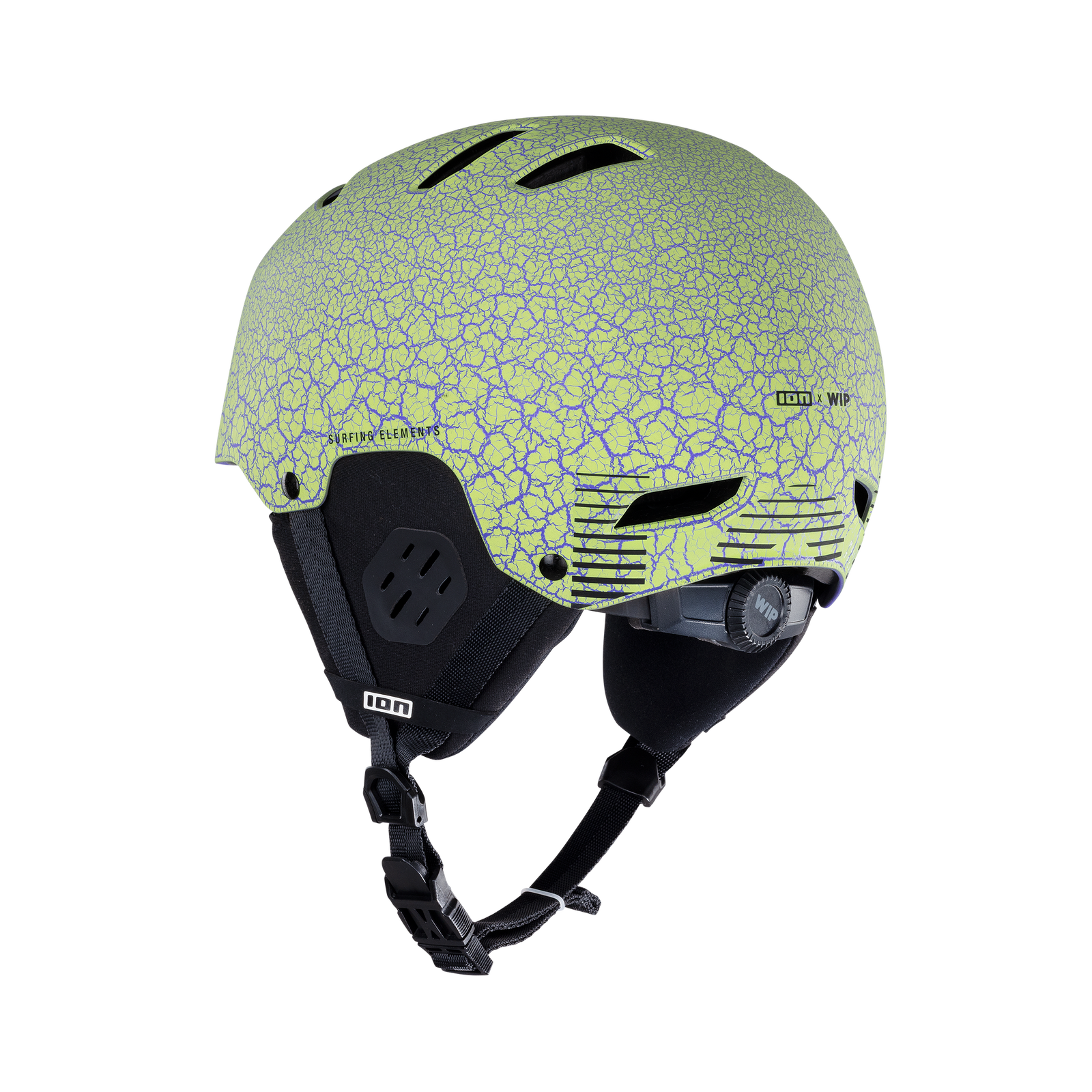 ION Slash Amp helmet in lime green with crackle print, three-quarter view
