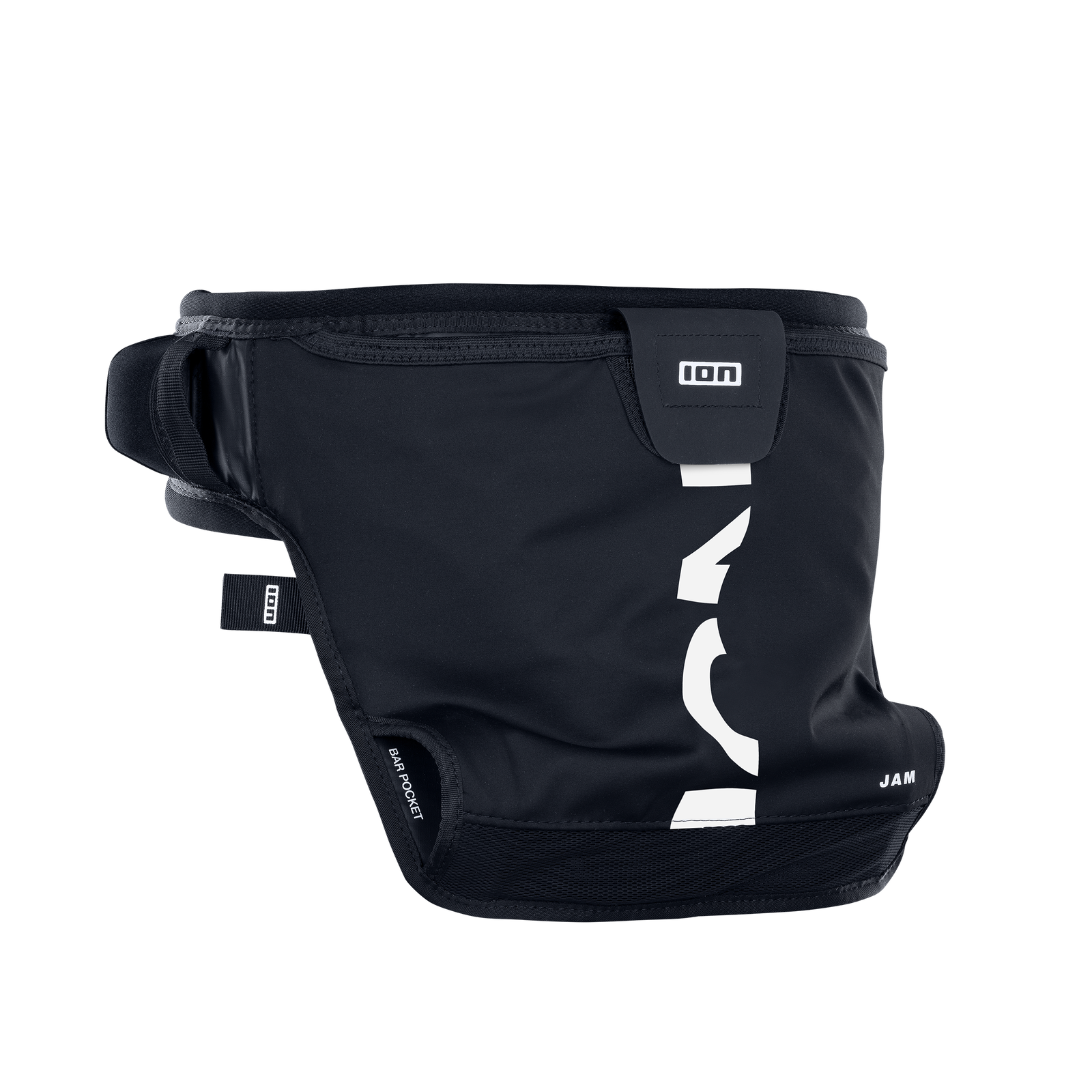 ION Jam waist harness in black with bar pocket and quick-release buckles for wing foiling