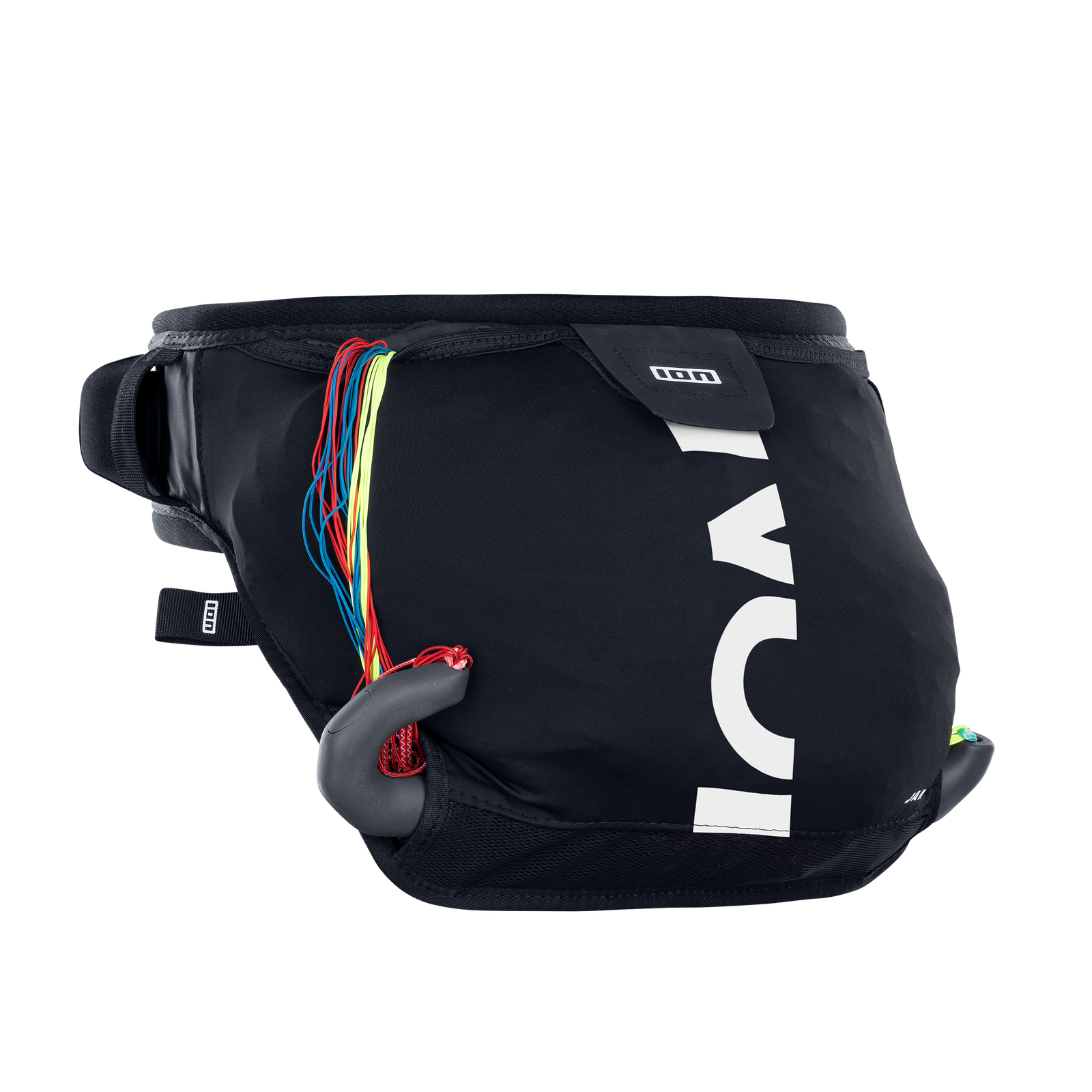 ION Jam waist harness in black with bar pocket and integrated hook for wing foiling