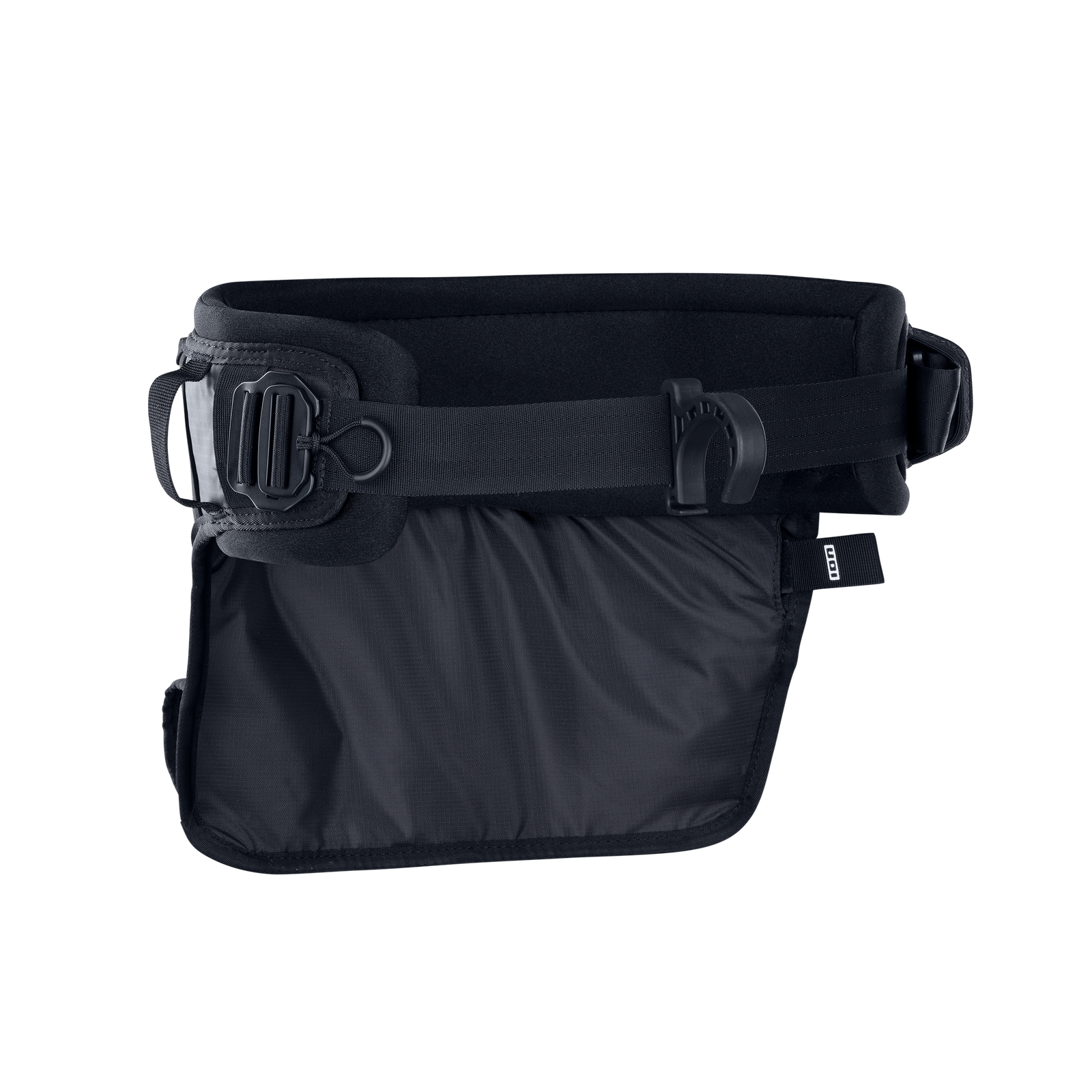 ION Jam waist harness in black with storage pocket and quick-release buckle for wing foiling