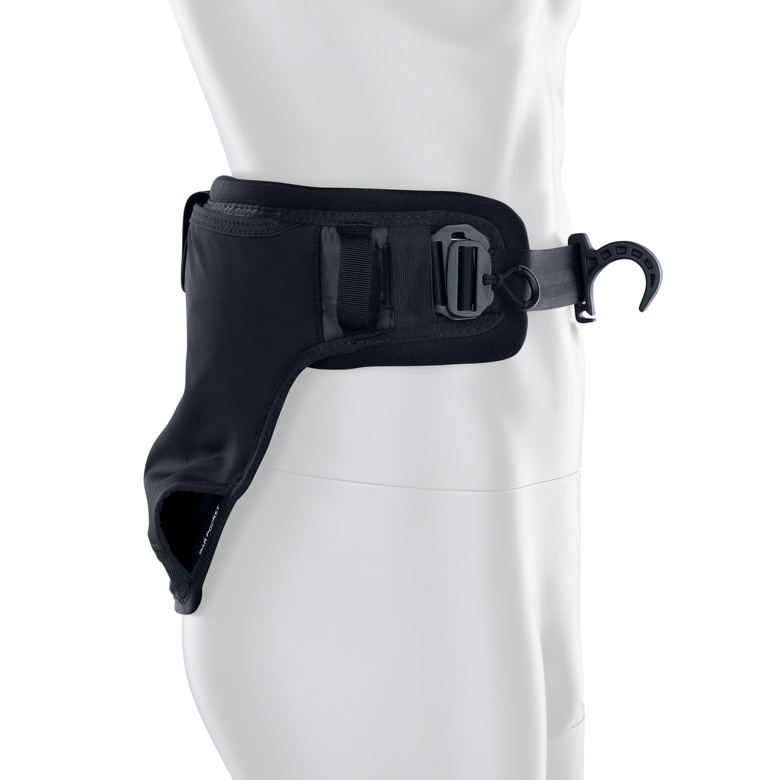 ION Jam waist harness in black with bar pocket and spreader bar hook, three-quarter view
