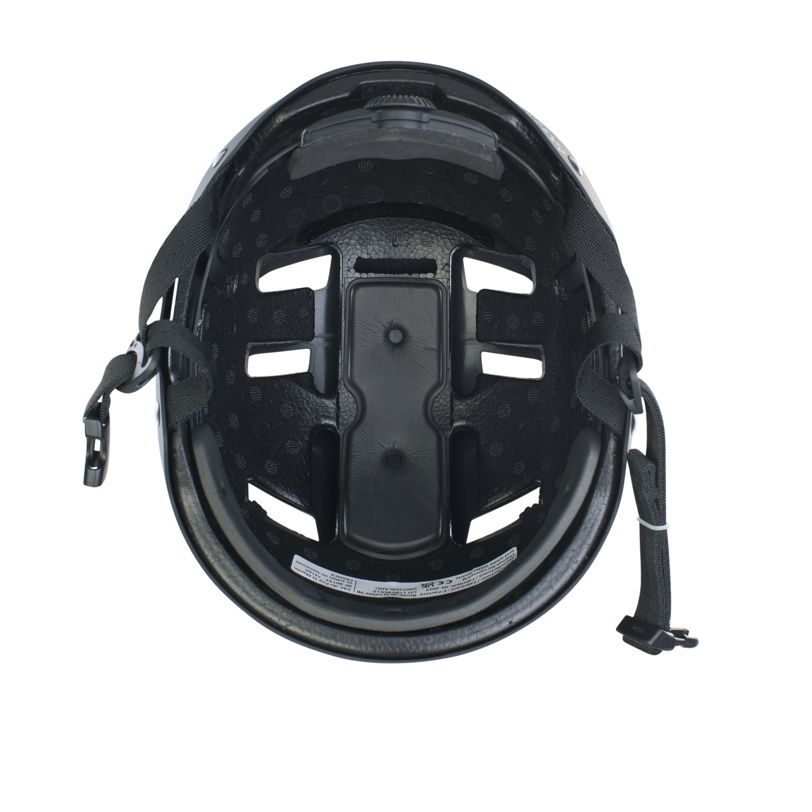 ION Slash Core helmet in black, interior top view showing 360°-Fit retention system and padding