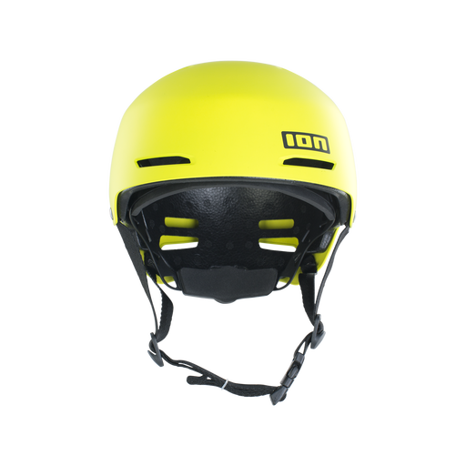 ION Slash Core helmet in acid yellow front view with 360° Fit system and black chin strap