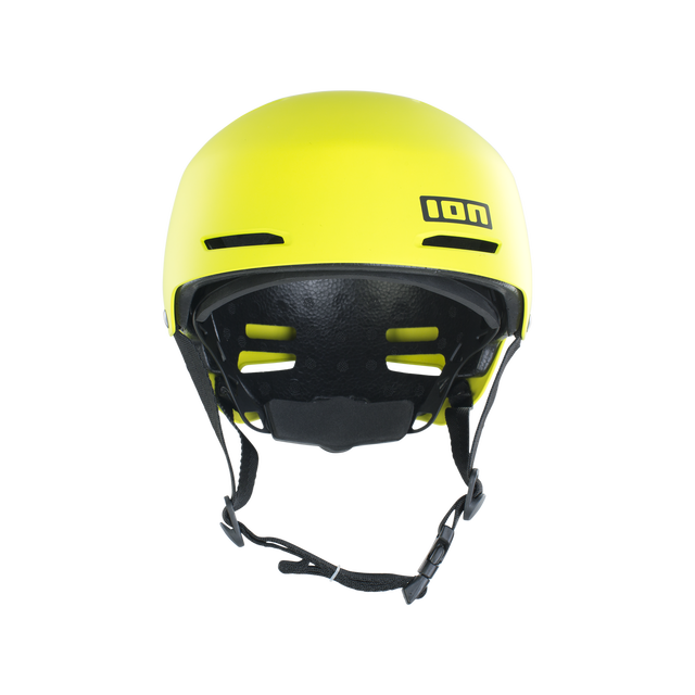 ION Slash Core helmet in acid yellow front view with 360° Fit system and black chin strap