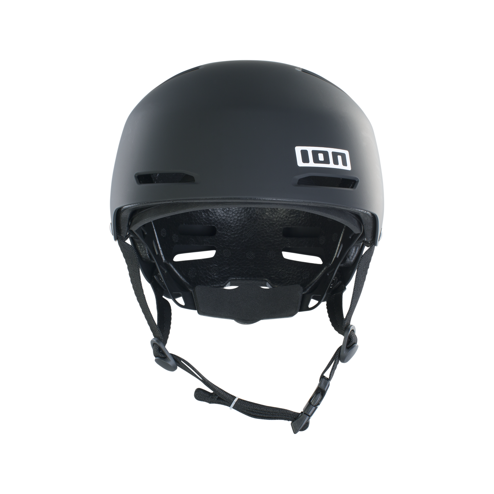 ION Slash Core helmet in matte black with 360° Fit system and quick-release chin strap front view