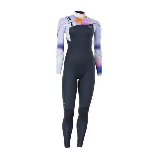 ION Amaze Core 3/2mm front-zip women's fullsuit in dark charcoal with multicolour print