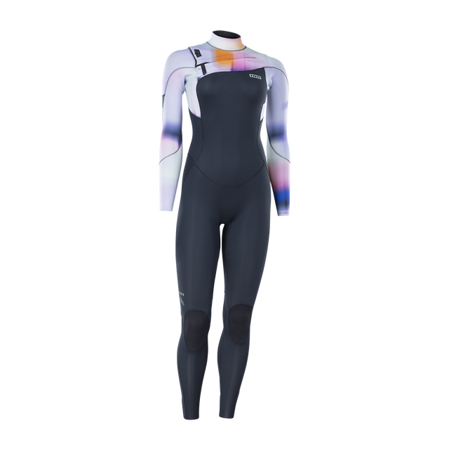 ION Amaze Core 3/2mm front-zip women's fullsuit in dark charcoal with multicolour print