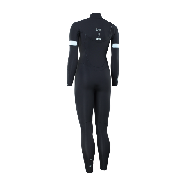 ION Amaze Core 3/2mm front-zip fullsuit women in black and ice blue, back view