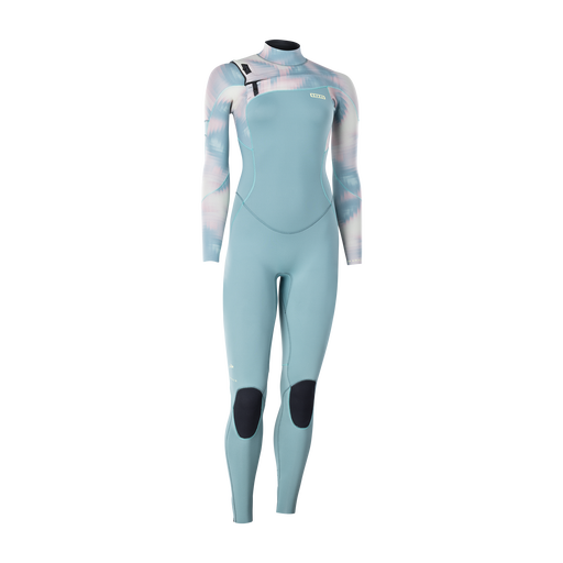 ION Amaze Core 3/2mm front-zip women's fullsuit in steel blue with abstract print