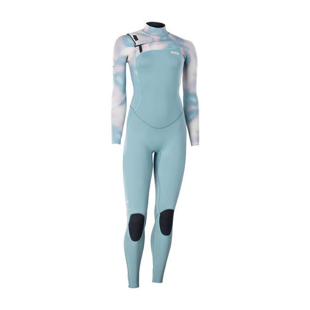 ION Amaze Core 3/2mm front-zip women's fullsuit in steel blue with abstract print