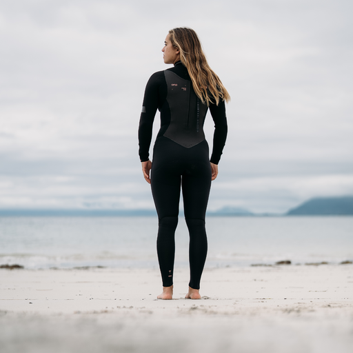 ION Amaze Amp 5/4mm back-zip fullsuit women in black – back view at the coast