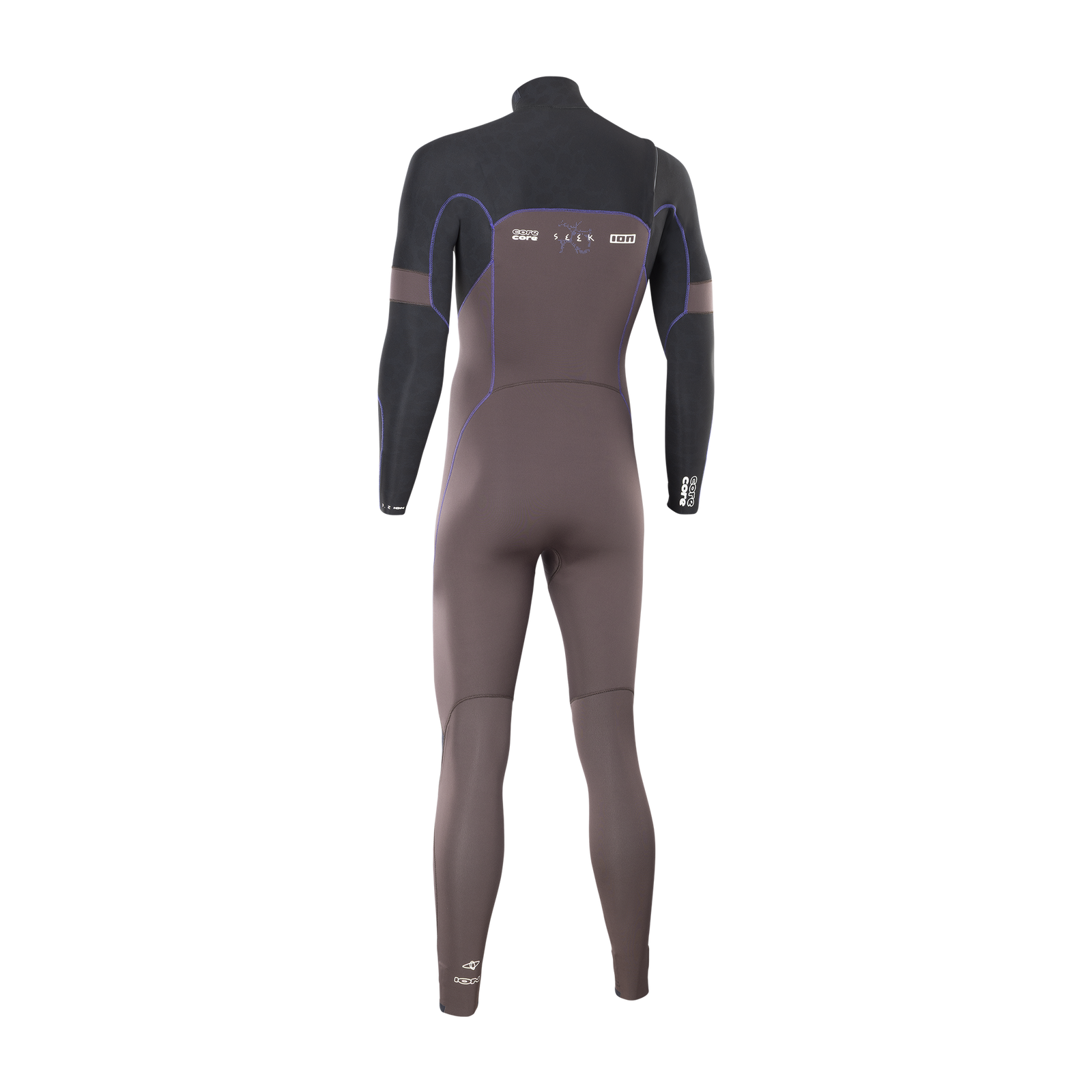 ION Seek Core 3/2mm front-zip fullsuit wetsuit in dark charcoal and taupe — back view