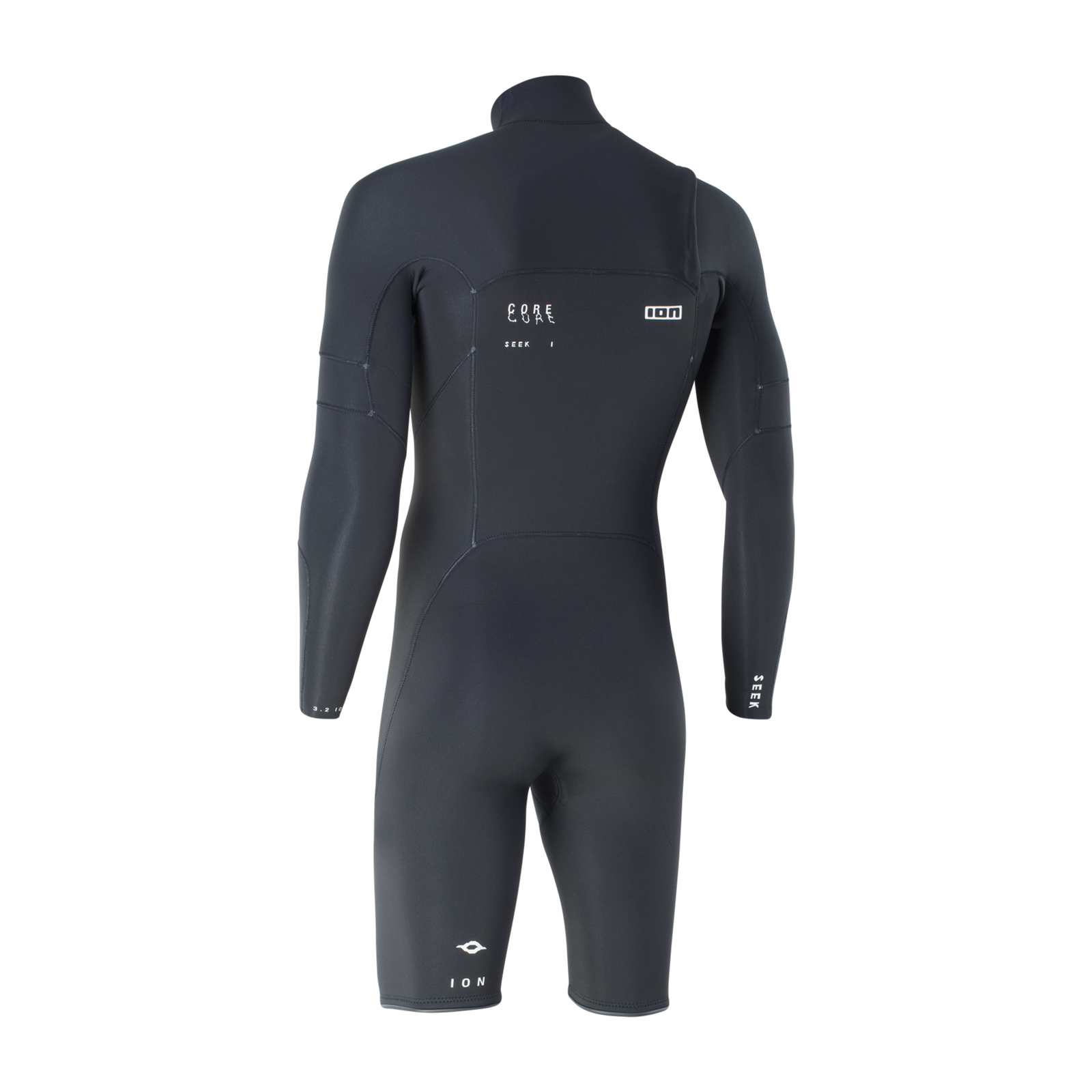 ION Seek Core 3/2mm front-zip long-sleeve shorty wetsuit men in black — back view