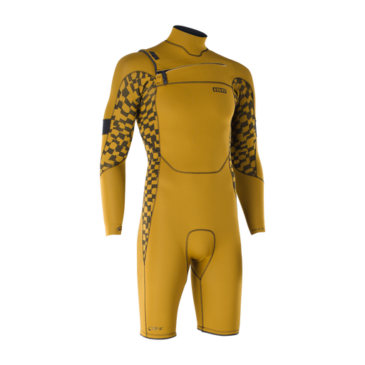 Muta shorty maniche lunghe ION Seek Core 3/2mm zip frontale in giallo senape con stampa a scacchi