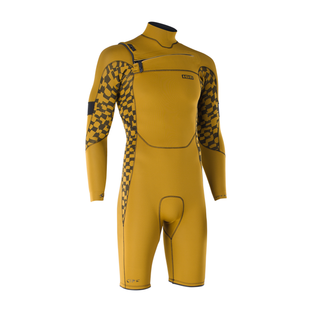 Muta shorty maniche lunghe ION Seek Core 3/2mm zip frontale in giallo senape con stampa a scacchi