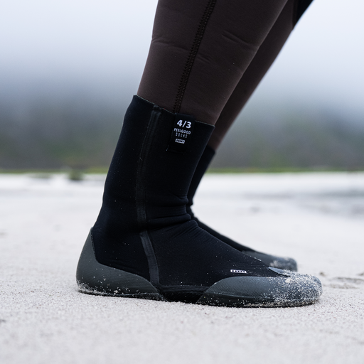 ION Feelgood Socks 4/3mm neoprene socks in black during kitesurfing at the beach