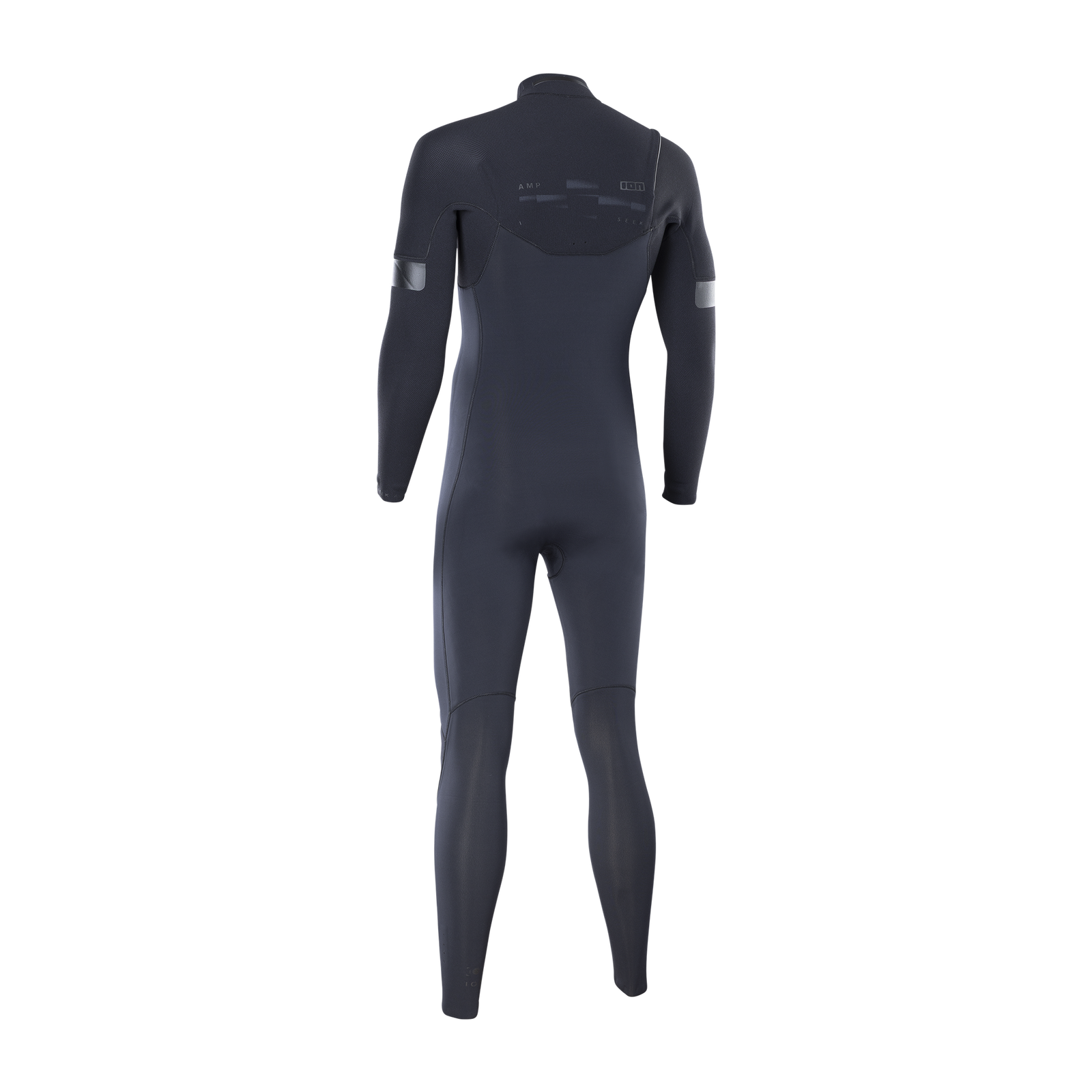 ION Seek Amp 4/3mm front-zip men's fullsuit wetsuit in dark charcoal, back view