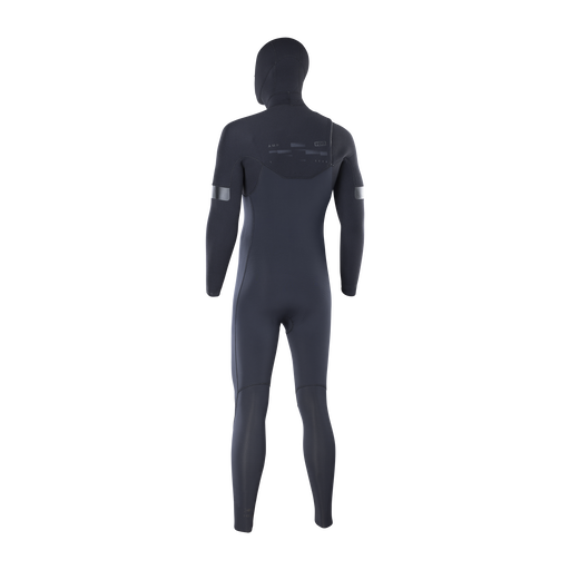 ION Seek Amp 6/5mm hooded front-zip fullsuit in charcoal black, back view