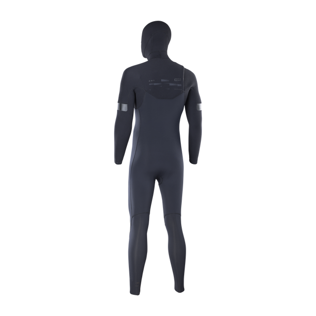 ION Seek Amp 6/5mm hooded front-zip fullsuit in charcoal black, back view