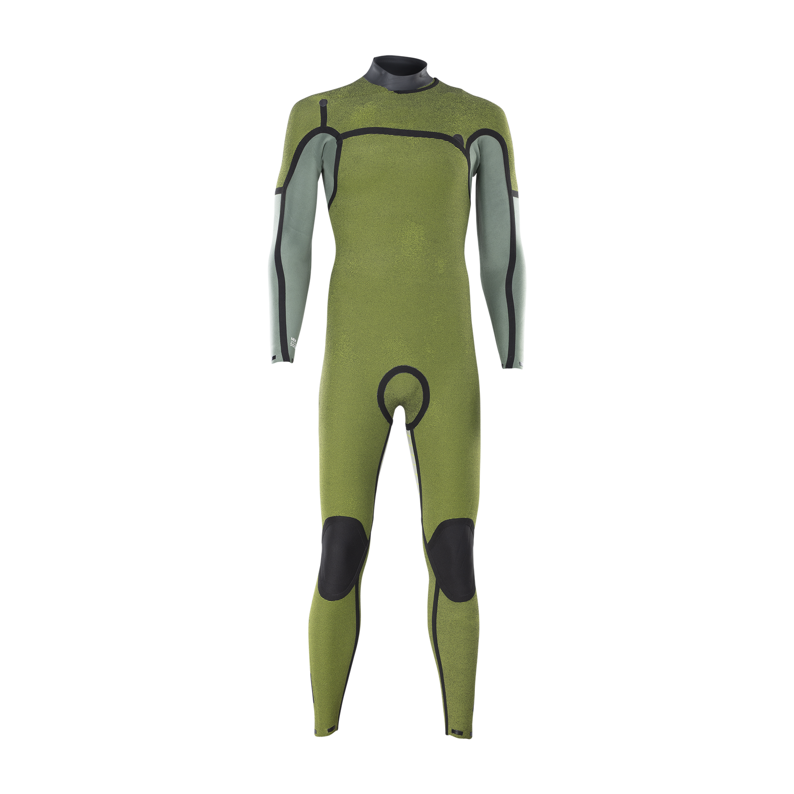 ION Seek Amp 4/3mm front-zip men's fullsuit in olive green, sage and grey