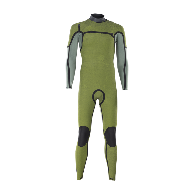 ION Seek Amp 4/3mm front-zip men's fullsuit in olive green, sage and grey