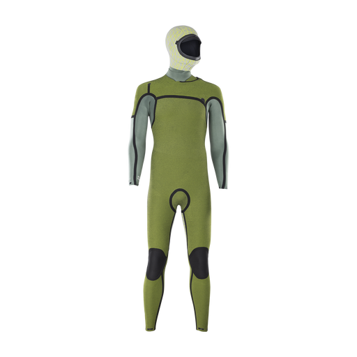ION Seek Amp 6/5mm hooded front-zip fullsuit wetsuit in olive green and sage grey