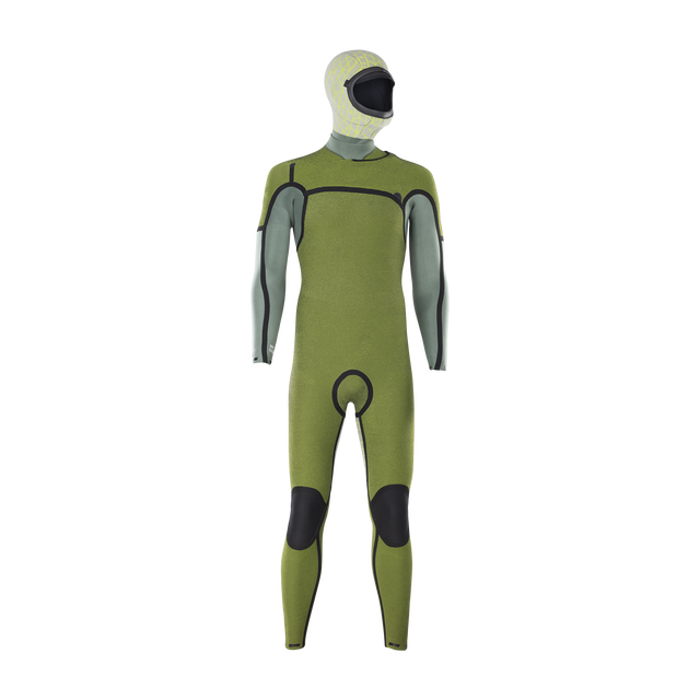 ION Seek Amp 6/5mm hooded front-zip fullsuit wetsuit in olive green and sage grey