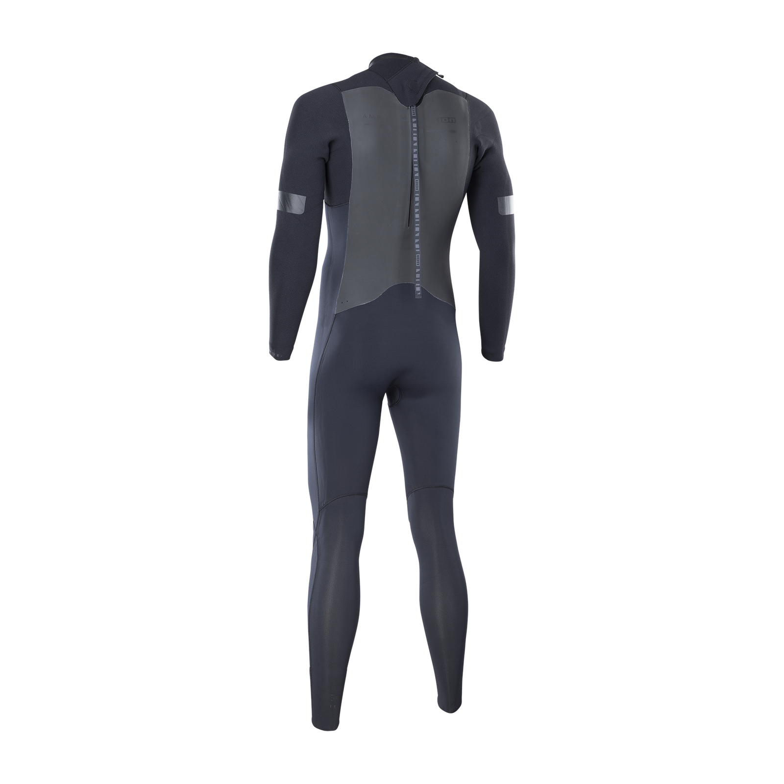 ION Seek Amp 5/4mm back-zip fullsuit wetsuit men in charcoal black, rear view
