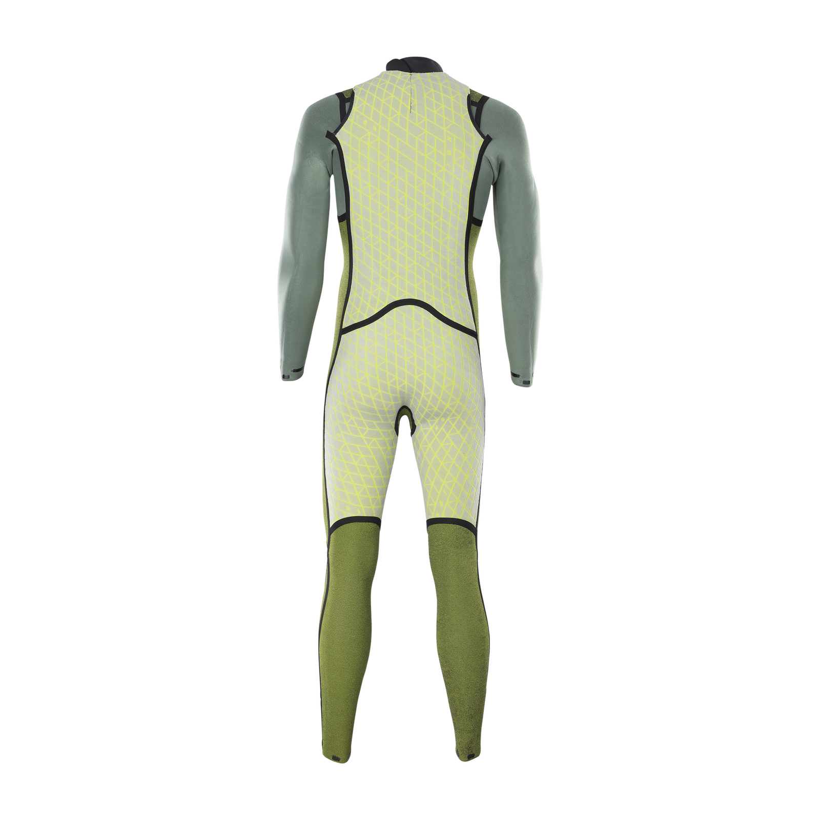 ION Seek Amp 4/3mm back-zip fullsuit men in olive green and lime – back view