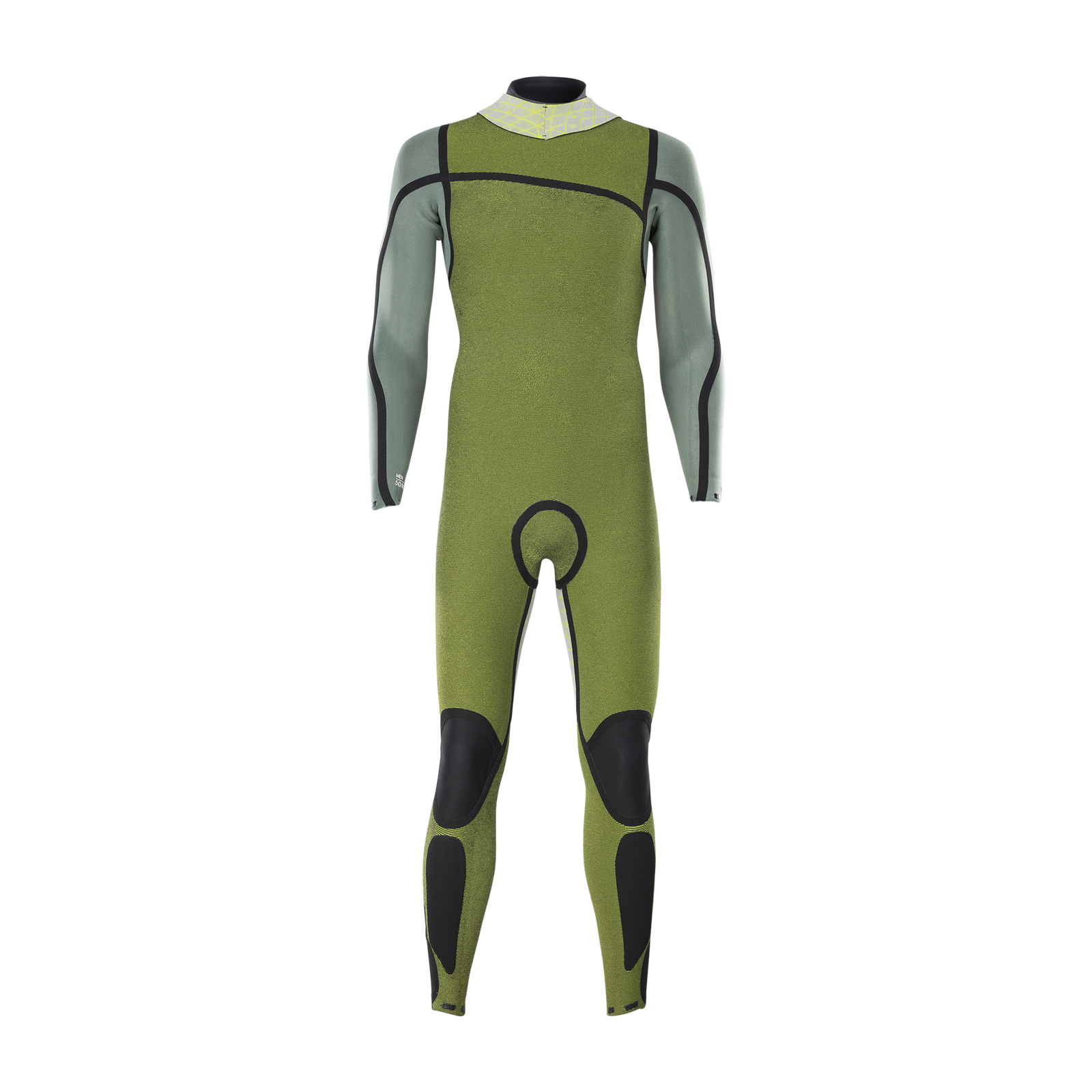 ION Seek Amp 4/3mm back-zip men's fullsuit in olive green and grey