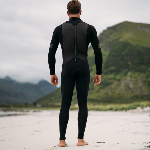 ION Seek Amp 4/3mm back-zip men's fullsuit wetsuit in black, back view on beach