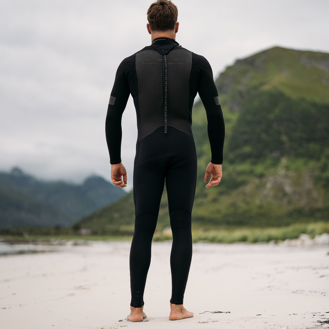 ION Seek Amp 4/3mm back-zip men's fullsuit wetsuit in black, back view on beach