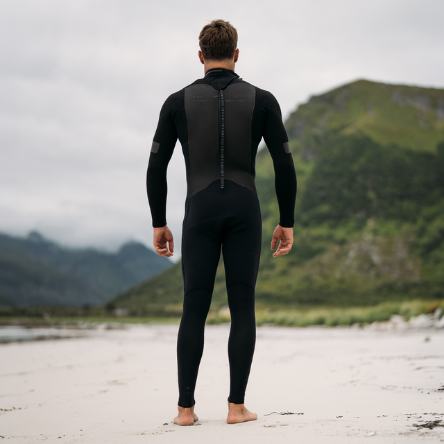 ION Seek Amp 6/5mm back-zip fullsuit men's wetsuit in black, back view on beach