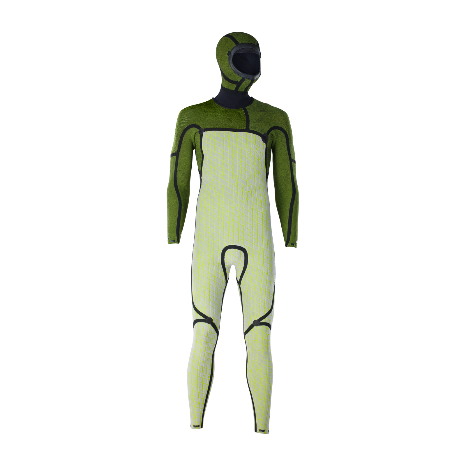 ION Seek Select 5.5/4.5mm front-zip hooded fullsuit in olive green and lime yellow-green