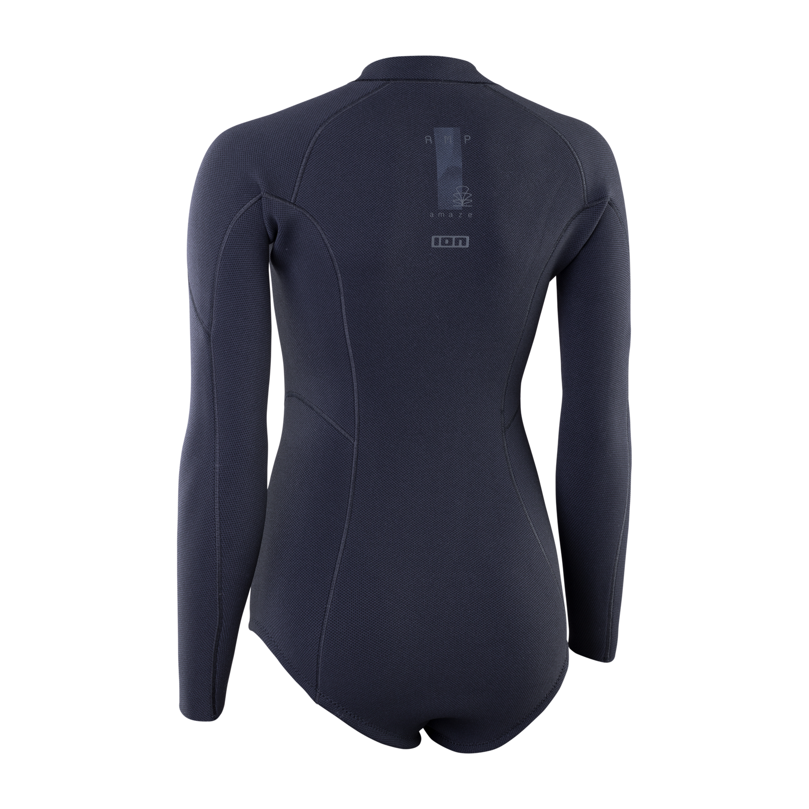 ION Amaze Amp 2mm long-sleeve front-zip women's shorty wetsuit in dark navy, back view
