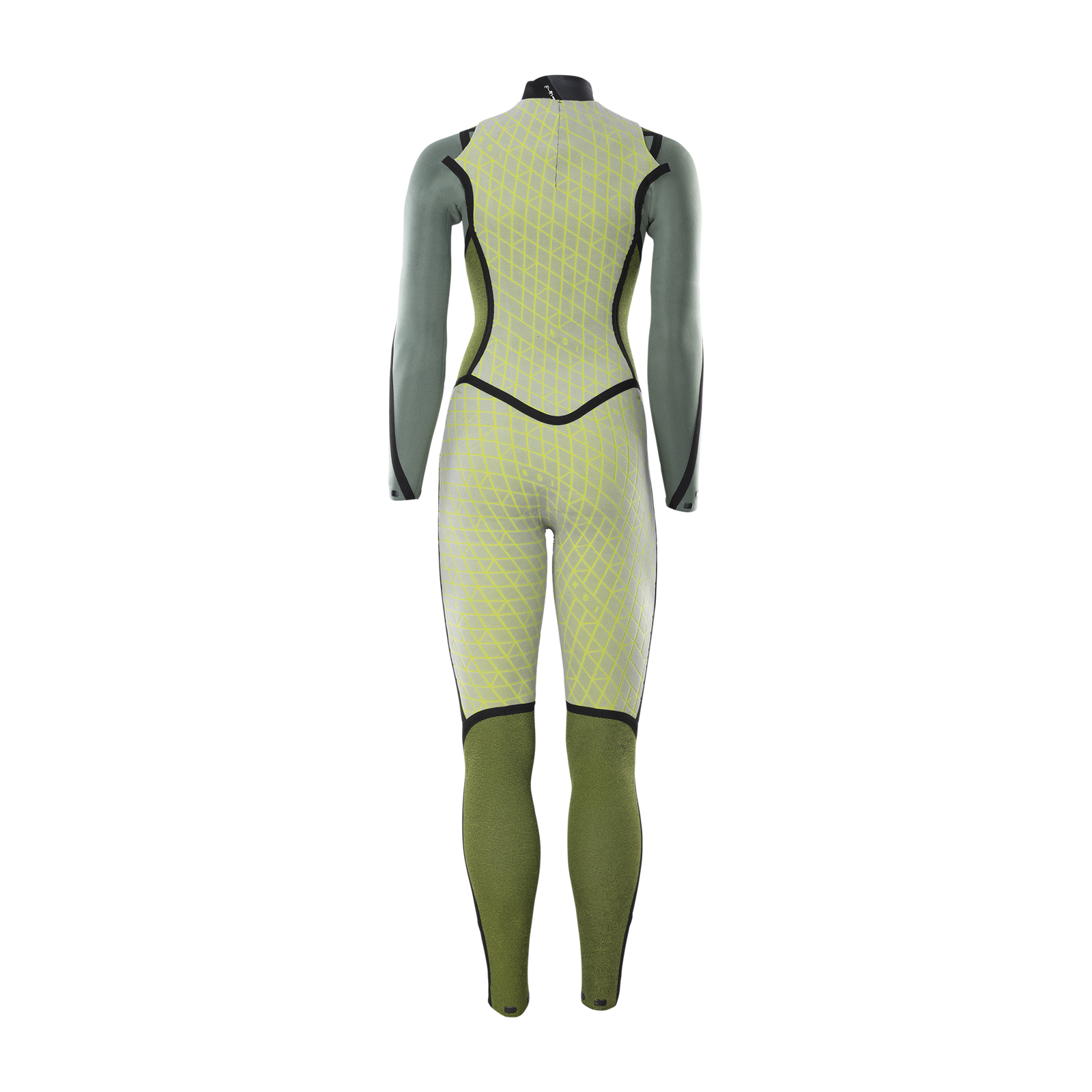 ION Water Amaze Amp 4/3mm back-zip women's fullsuit in sage green and olive with geometric print