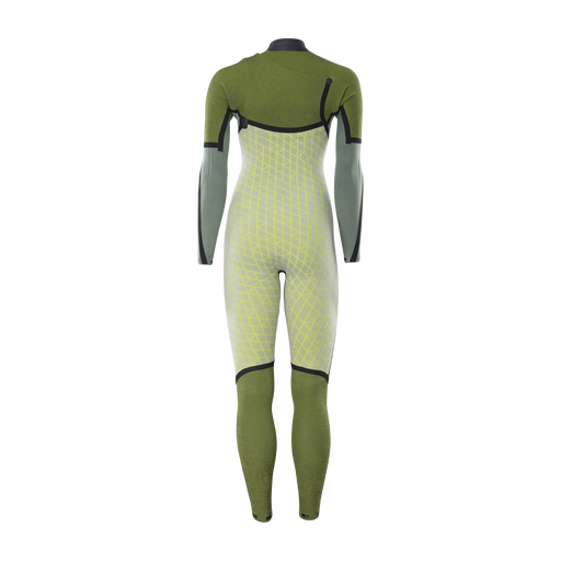 ION Water Amaze Amp 5/4mm front-zip women's fullsuit in olive green, light grey-green and neon yellow