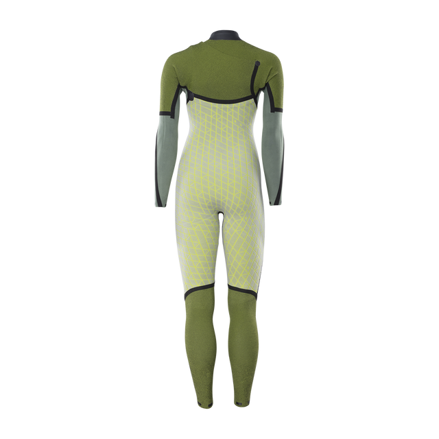 ION Water Amaze Amp 5/4mm front-zip women's fullsuit in olive green, light grey-green and neon yellow