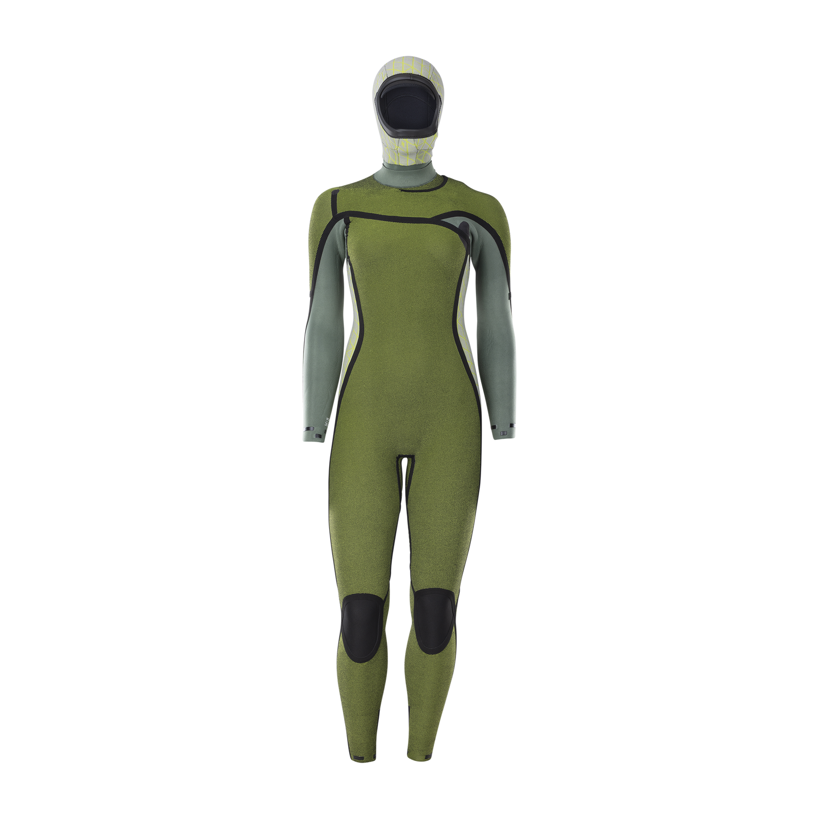 ION Water Amaze Amp 6/5mm hooded front-zip women's fullsuit in olive green and sage grey