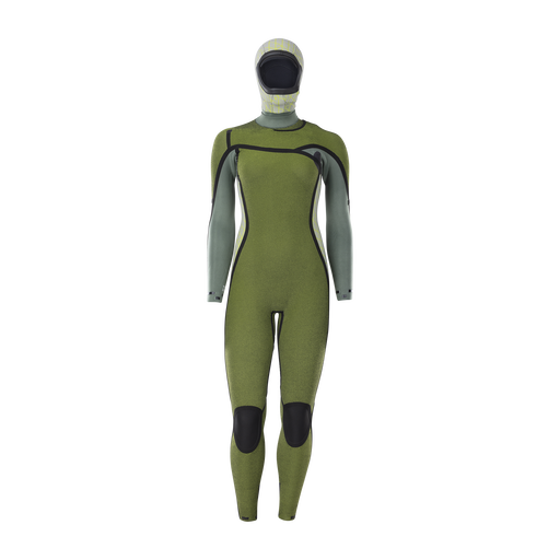 ION Water Amaze Amp 6/5mm hooded front-zip women's fullsuit in olive green and sage grey