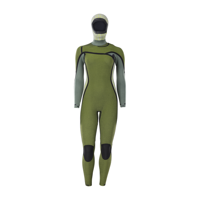 ION Water Amaze Amp 6/5mm hooded front-zip women's fullsuit in olive green and sage grey