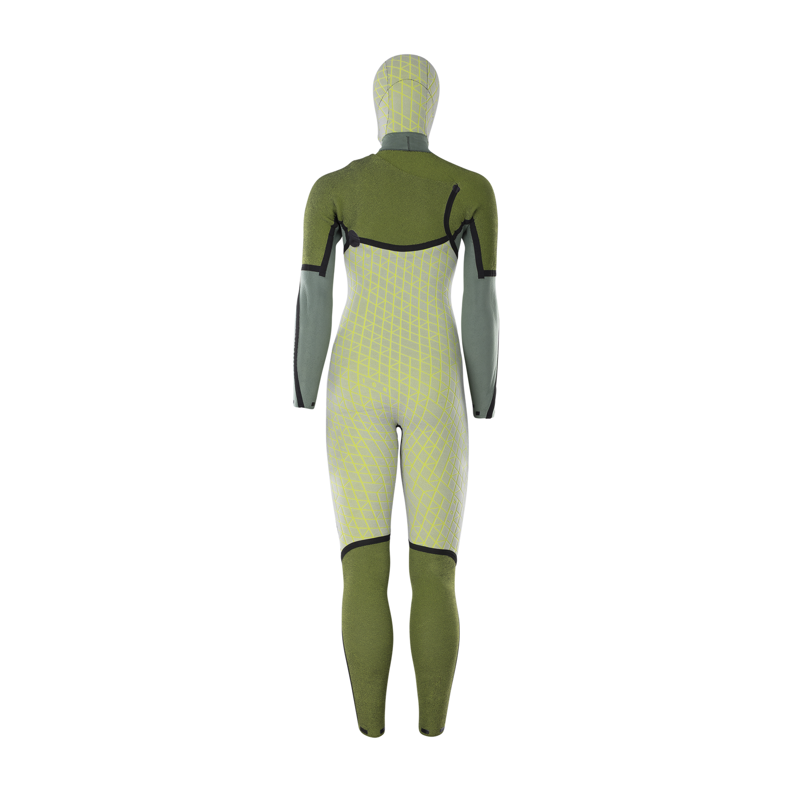 ION Amaze Amp 6/5mm hooded front-zip fullsuit women in olive green and sage grey, back view