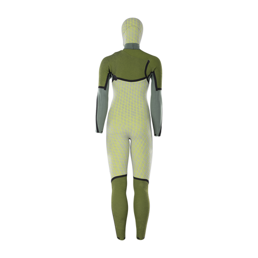 ION Amaze Amp 6/5mm hooded front-zip fullsuit women in olive green and sage grey, back view