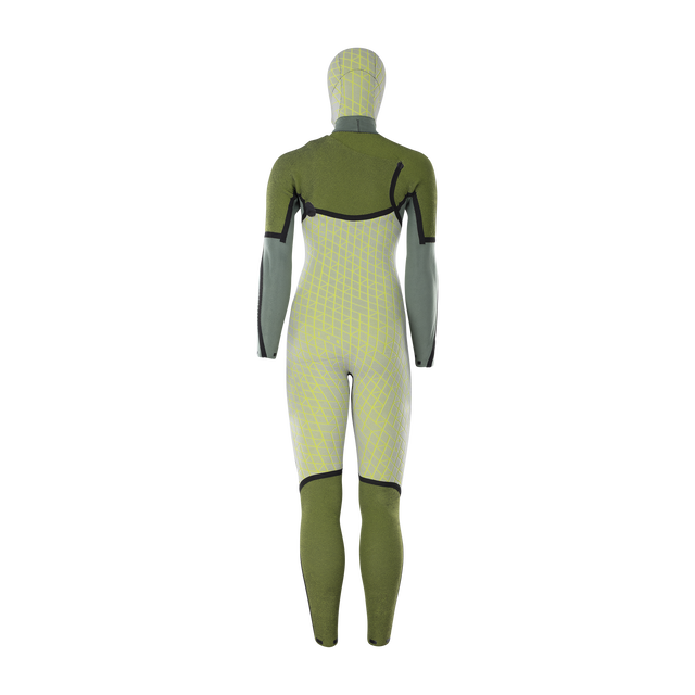 ION Amaze Amp 6/5mm hooded front-zip fullsuit women in olive green and sage grey, back view