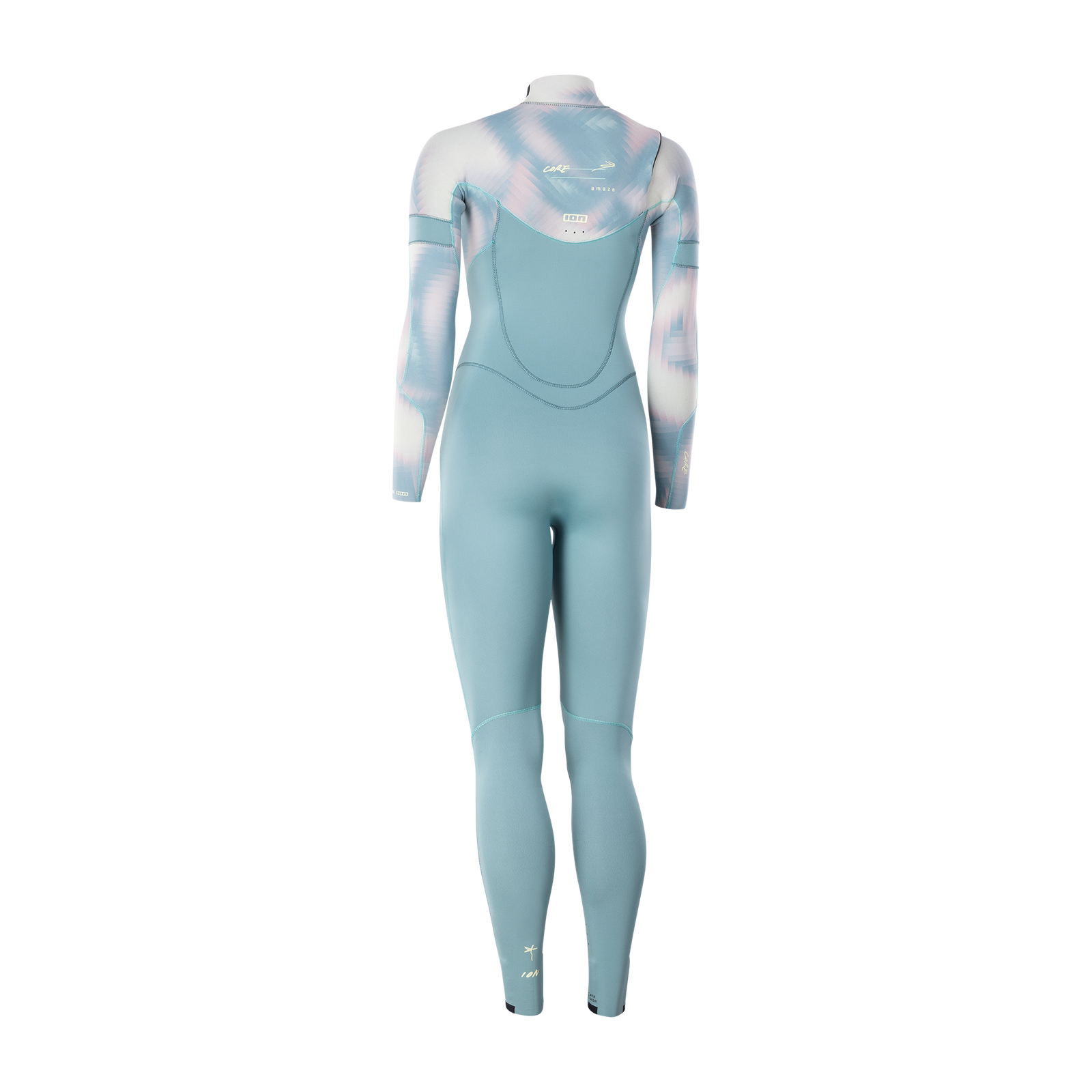 ION Amaze Core 3/2mm front-zip fullsuit women in steel blue with abstract print, back view