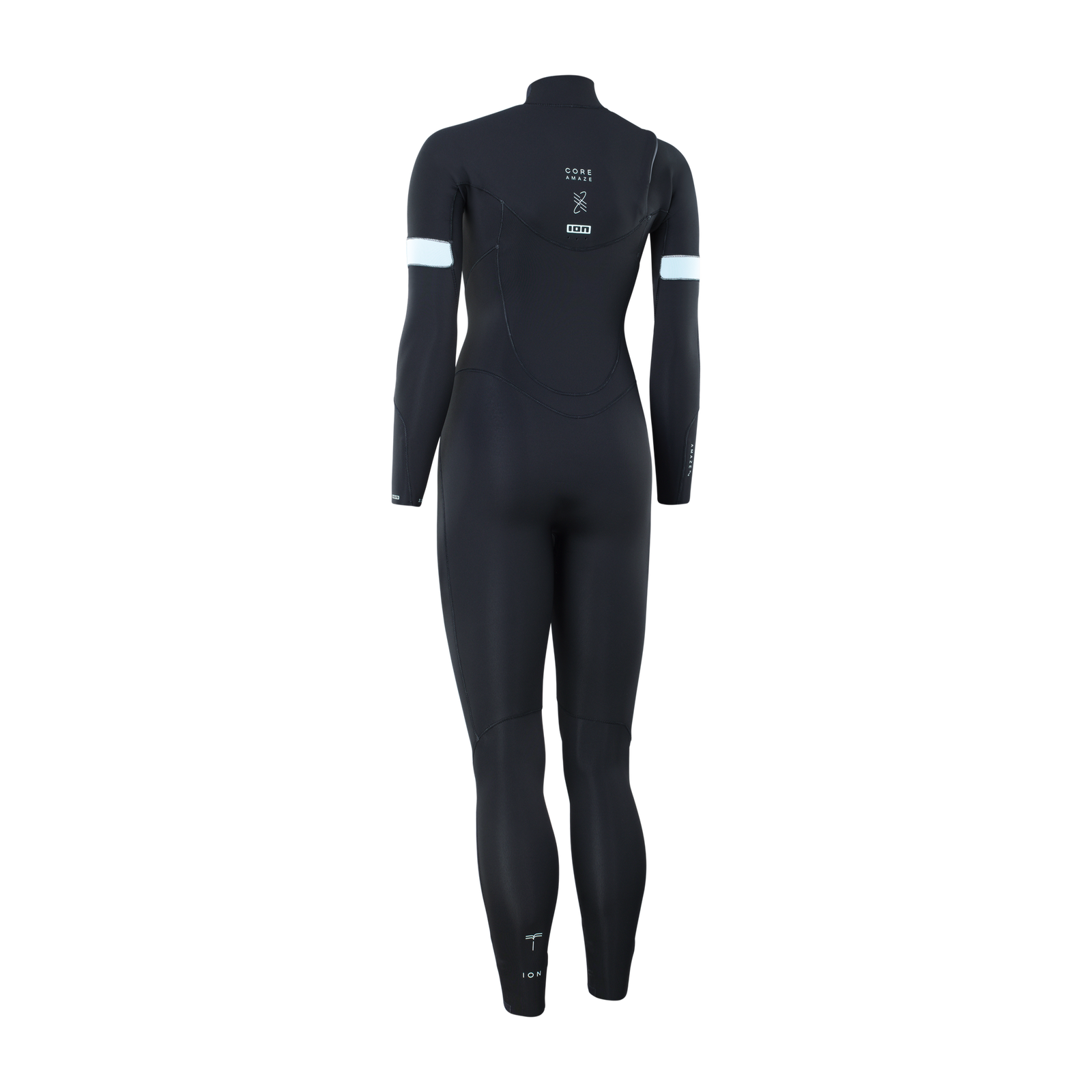 ION Amaze Core 5/4mm front-zip women's fullsuit in black with light blue arm stripe – back view