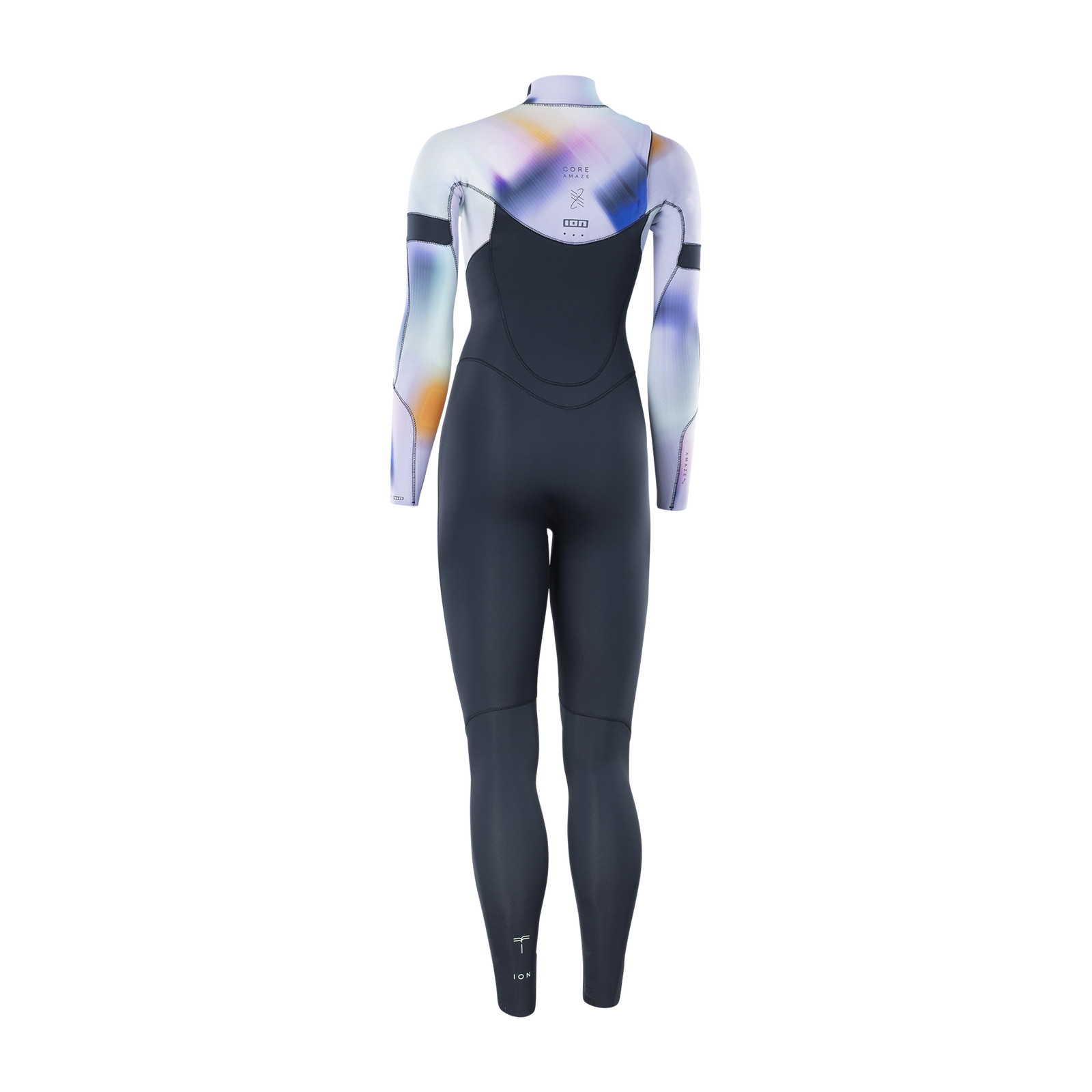 ION Amaze Core muta integrale 5/4mm zip frontale donna in grigio scuro con stampa astratta lavanda blu, vista posteriore